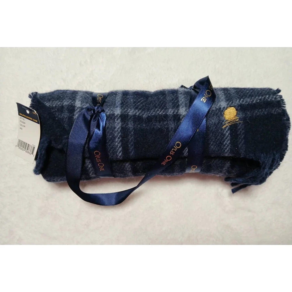 Polo Ralph Lauren x‎ Opus One Rare Corporate Gift Scarf - Navy Plaid Wool Blend